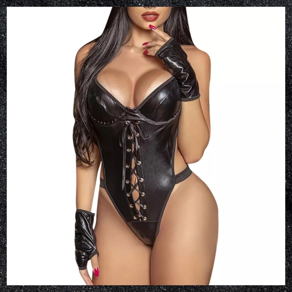 Black Leather Lace-Up Backless Bodysuit